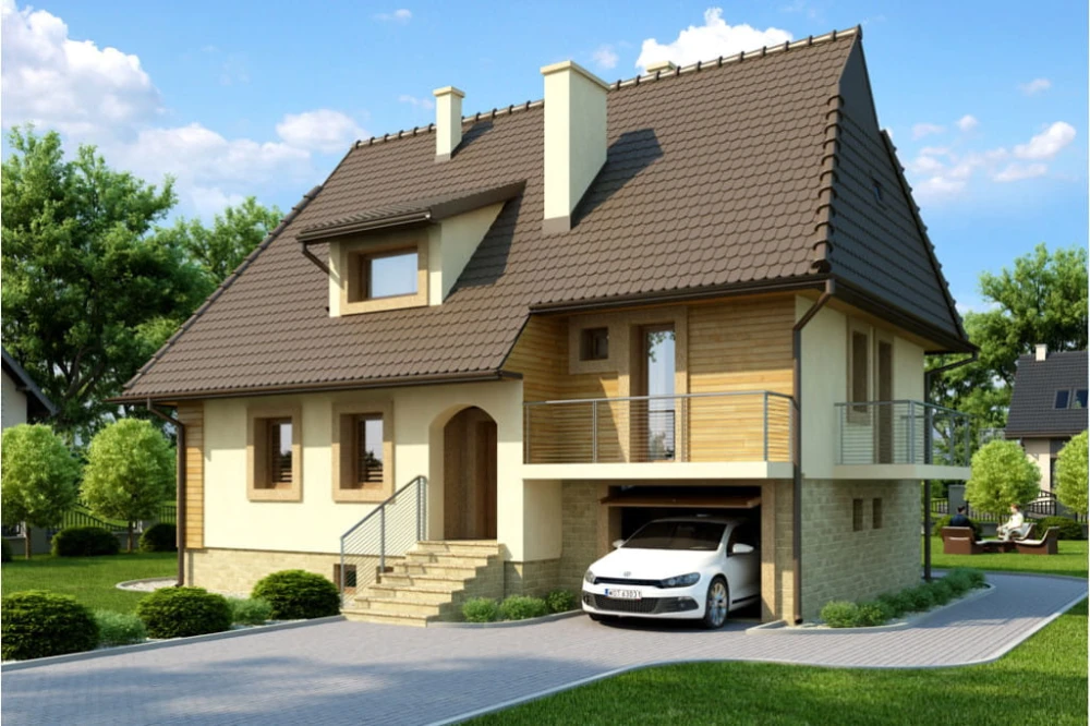 Projekt domu Brzezin tech. DM-6226 tech., parterowy z poddaszem mieszkalnym, częściowo podpiwniczony z garażem - kolorystyka wersja 3