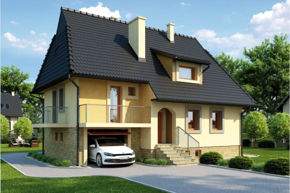 Projekt domu Sławczyn tech. L-6226 tech., parterowy z poddaszem mieszkalnym, częściowo podpiwniczony z garażem - kolorystyka wersja 2