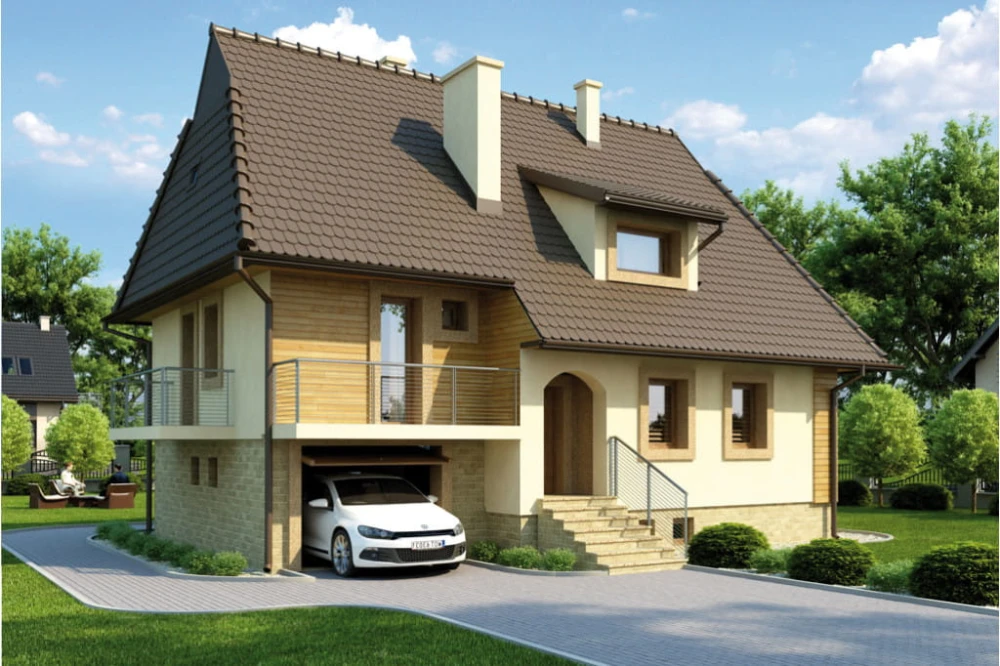 Projekt domu Sławczyn tech. L-6226 tech., parterowy z poddaszem mieszkalnym, częściowo podpiwniczony z garażem - kolorystyka wersja 3