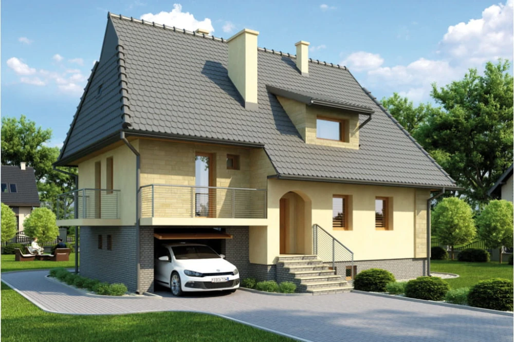 Projekt domu Sławczyn tech. L-6226 tech., parterowy z poddaszem mieszkalnym, częściowo podpiwniczony z garażem - kolorystyka wersja 4