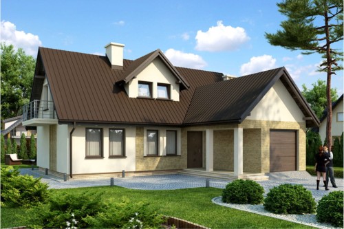 Projekt domu Skalmierz tech. DM-6229 tech., parterowy z poddaszem mieszkalnym, częściowo podpiwniczony z garażem - kolorystyka wersja 1