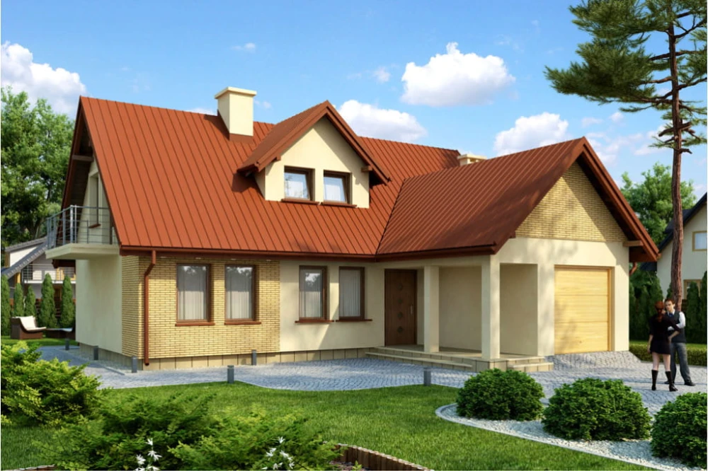 Projekt domu Skalmierz tech. DM-6229 tech., parterowy z poddaszem mieszkalnym, częściowo podpiwniczony z garażem - kolorystyka wersja 2
