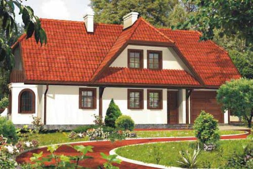Projekt domu Wojnicz tech. DM-6235 tech., parterowy z poddaszem mieszkalnym, częściowo podpiwniczony z garażem - kolorystyka wersja 1