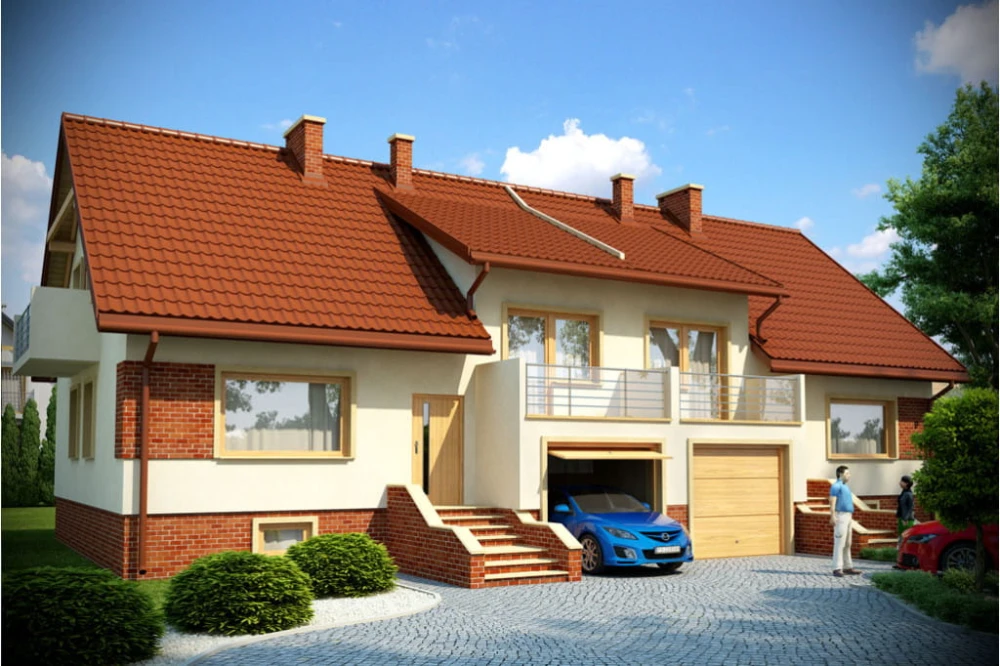 Projekt domu Lwówek tech. DM-6228 tech., parterowy z poddaszem mieszkalnym, częściowo podpiwniczony w zabudowie bliźniaczej, z garażem - kolorystyka wersja 3
