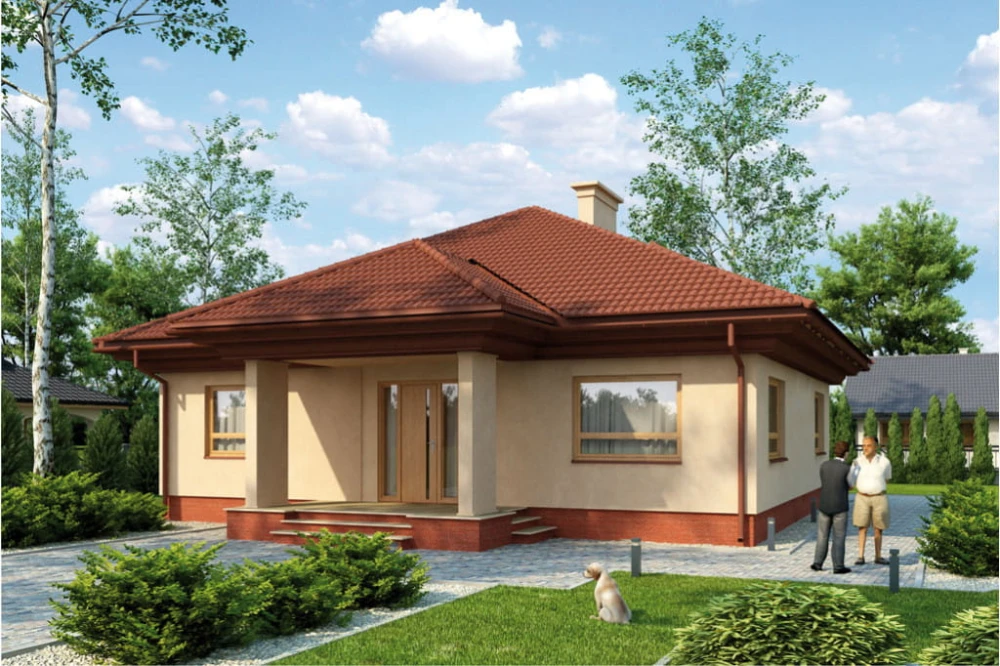 Projekt domu Tuchów 2 tech. L-6284 tech., parterowy z użytkowym poddaszem, częściowo podpiwniczony, bez garażu - kolorystyka wersja 3