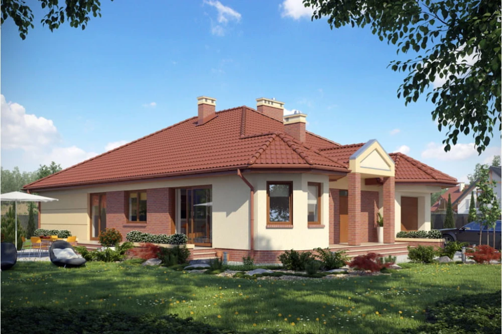 Projekt domu Dobczyce tech. DM-6329 tech., parterowy, z garażem, z poddaszem nieużytkowym, bez podpiwniczenia - kolorystyka wersja 3