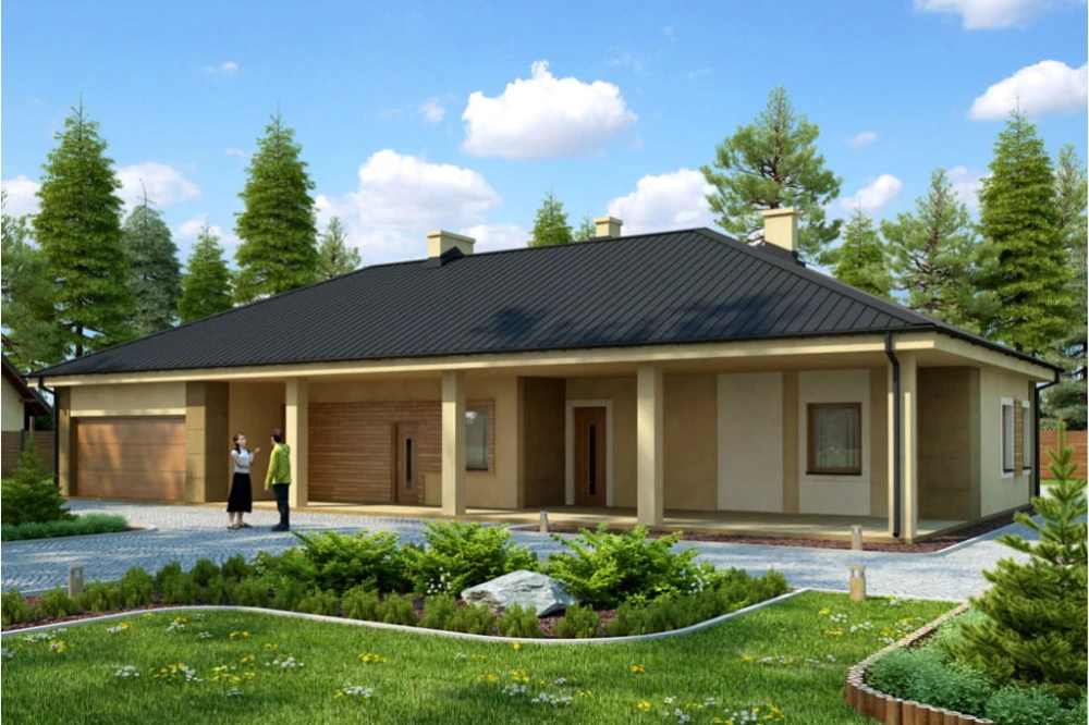 Projekt domu Darłowo tech. DM-6330 tech., parterowy z poddaszem niemieszkalnym, z garażem dwustanowiskowym, niepodpiwniczony - kolorystyka wersja 1