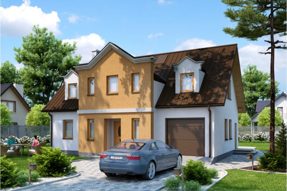 Projekt domu Grabowno tech. DM-6288 tech., parterowy z użytkowym poddaszem, z garażem jednostanowiskowym, bez podpiwniczenia - kolorystyka wersja 3