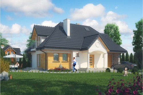 Projekt domu Zielonki tech. DM-6332 tech., parterowy z poddaszem mieszkalnym, bez podpiwniczenia, z garażem - kolorystyka wersja 2
