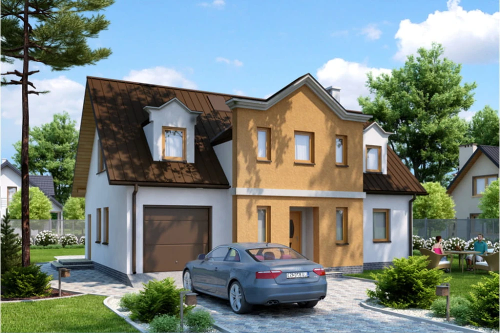 Projekt domu Brulinów tech. L-6288 tech., parterowy z użytkowym poddaszem, z garażem jednostanowiskowym, bez podpiwniczenia - kolorystyka wersja 3
