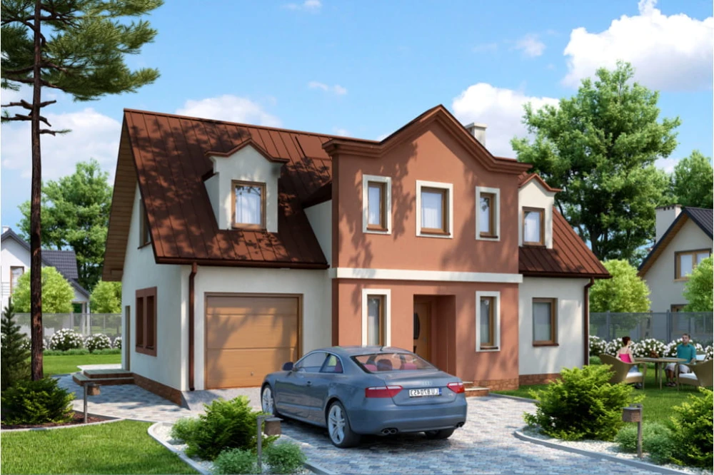 Projekt domu Brulinów tech. L-6288 tech., parterowy z użytkowym poddaszem, z garażem jednostanowiskowym, bez podpiwniczenia - kolorystyka wersja 4