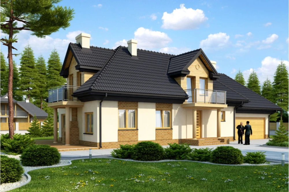 Projekt domu Zabierzów tech. DM-6335 tech., parterowy z poddaszem mieszkalnym, z garażem dwustanowiskowym, bez podpiwniczenia - kolorystyka wersja 4