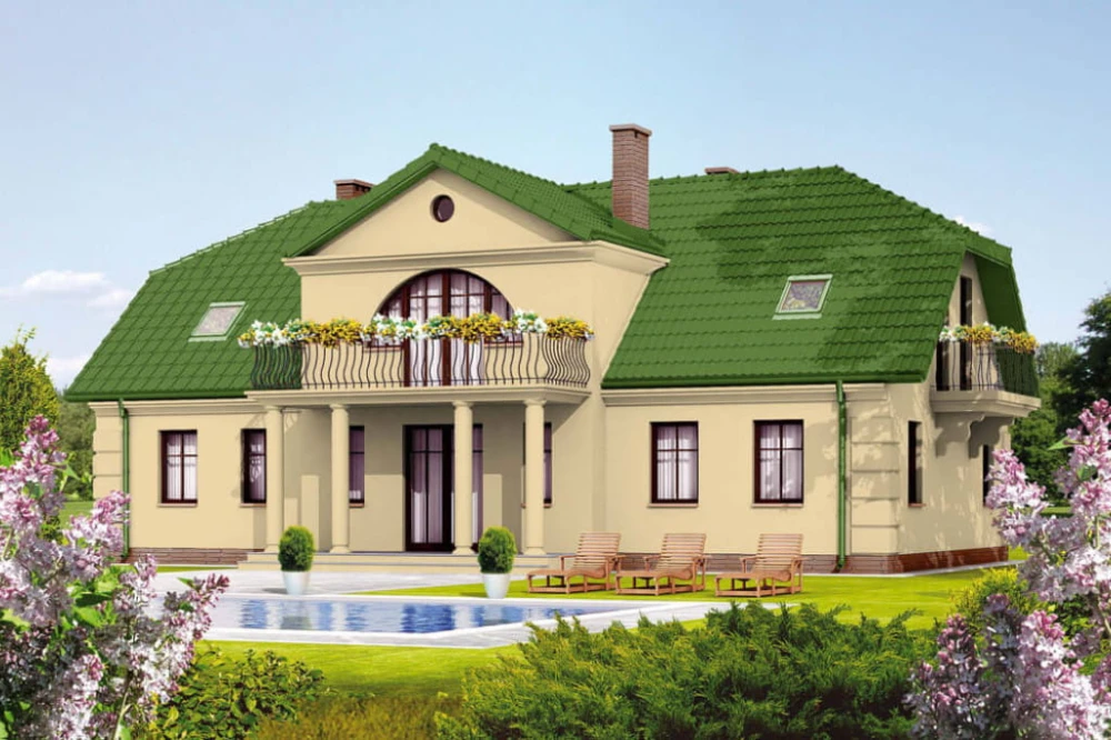 Projekt domu Lipowiec B tech. DM-6290 B tech., parterowy z użytkowym poddaszem, z garażem jednostanowiskowym, z podpiwniczeniem - kolorystyka wersja 3