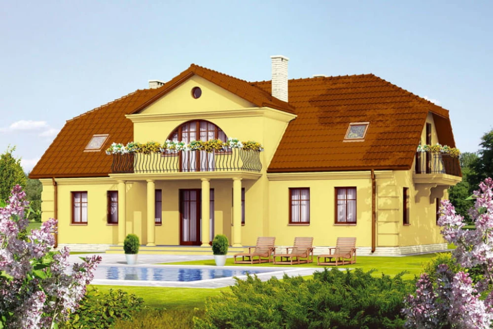 Projekt domu Lipowiec B tech. DM-6290 B tech., parterowy z użytkowym poddaszem, z garażem jednostanowiskowym, z podpiwniczeniem - kolorystyka wersja 4