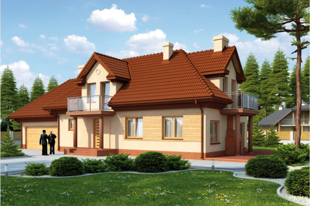 Projekt domu Zabierzów 2 tech. L-6335 tech., parterowy z poddaszem mieszkalnym, z garażem dwustanowiskowym, bez podpiwniczenia - kolorystyka wersja 3