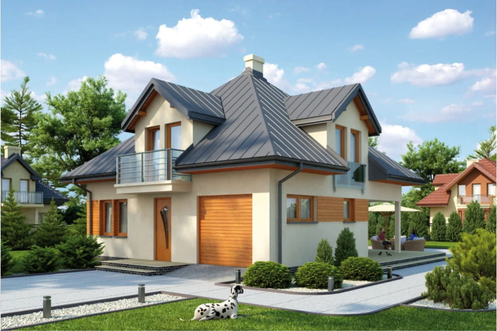 Projekt domu Piekary 2 tech. L-6337 tech., jednorodzinny, parterowy z poddaszem mieszkalnym, bez podpiwniczenia - kolorystyka wersja 1