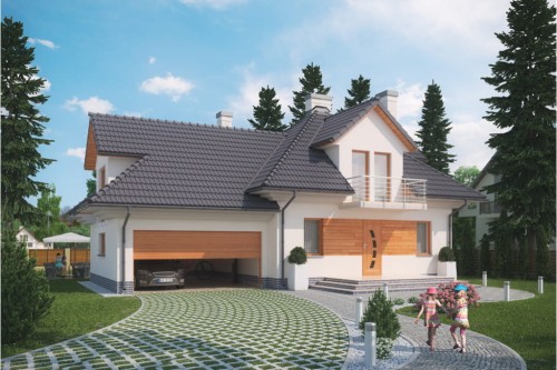 Projekt domu Korabie tech. DM-6341 tech., parterowy z poddaszem mieszkalnym, garażem, częściowo podpiwniczony - kolorystyka wersja 1