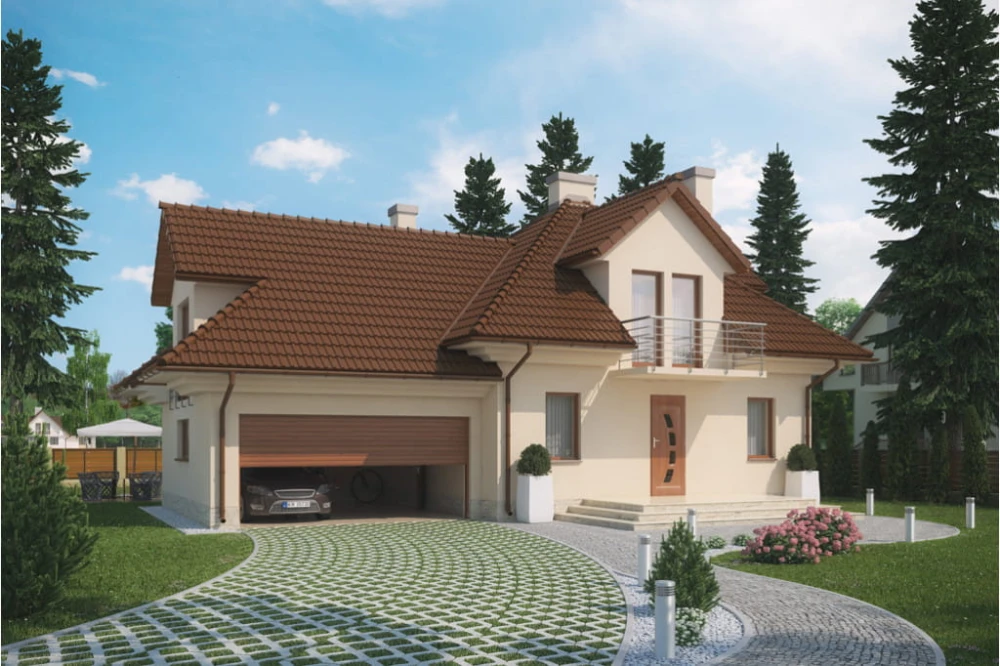 Projekt domu Korabie tech. DM-6341 tech., parterowy z poddaszem mieszkalnym, garażem, częściowo podpiwniczony - kolorystyka wersja 3