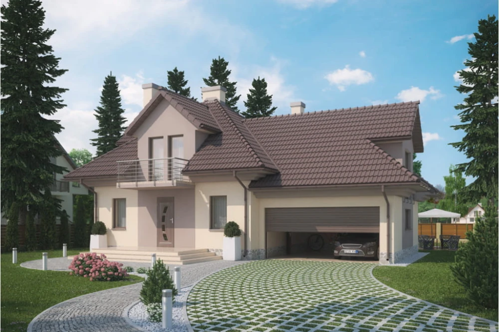Projekt domu Korabie 2 tech. L-6341 tech., parterowy z poddaszem mieszkalnym, garażem, częściowo podpiwniczony - kolorystyka wersja 2