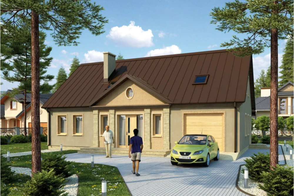 Projekt domu Hetmanów tech. L-6296 tech., parterowy z poddaszem użytkowym, z garażem jednostanowiskowym, bez podpiwniczenia - kolorystyka wersja 3