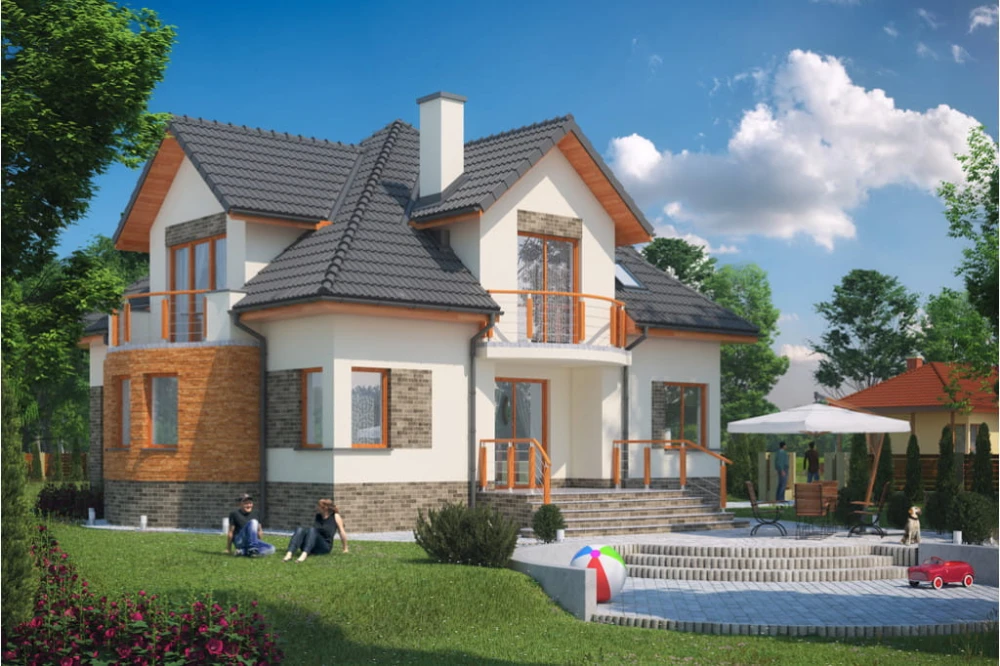 Projekt domu Kluczbork 2 tech. L-6343 tech., parterowy z poddaszem mieszkalnym, bez podpiwniczenia, bez garażu - kolorystyka wersja 1