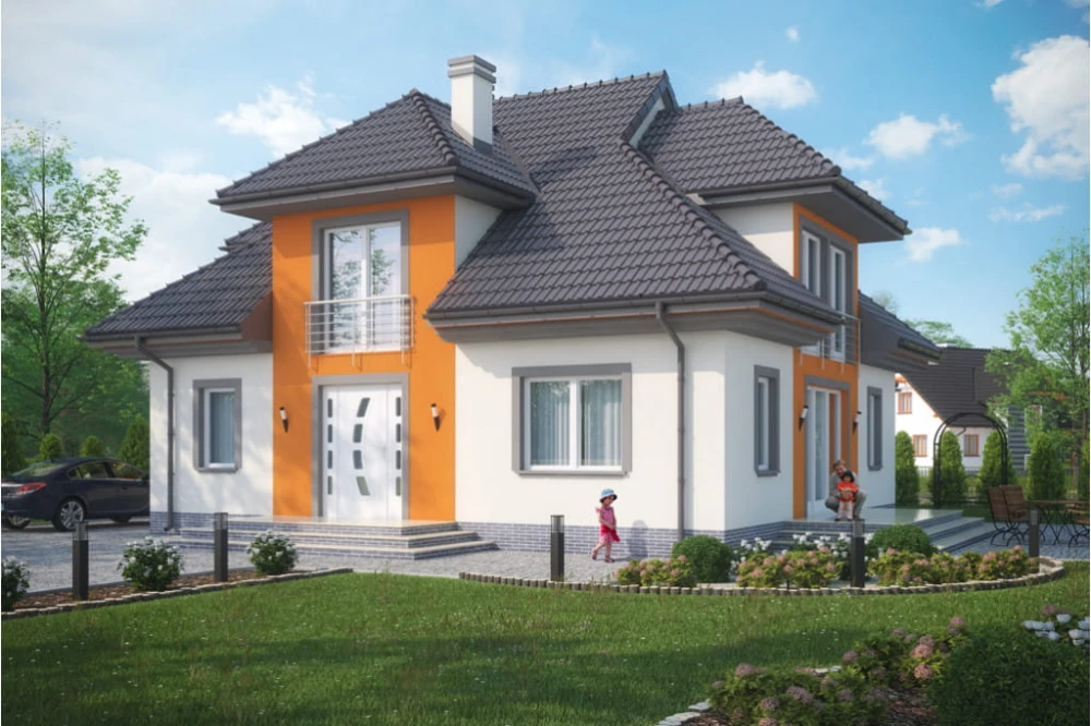Projekt domu Poper Due tech. L-6344 tech., parterowy z poddaszem mieszkalnym, bez podpiwniczenia, z garażem - kolorystyka wersja 1