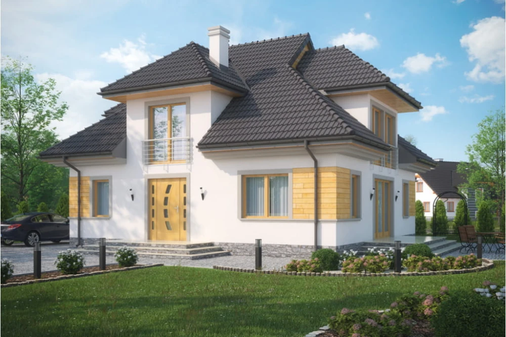 Projekt domu Poper Due tech. L-6344 tech., parterowy z poddaszem mieszkalnym, bez podpiwniczenia, z garażem - kolorystyka wersja 4