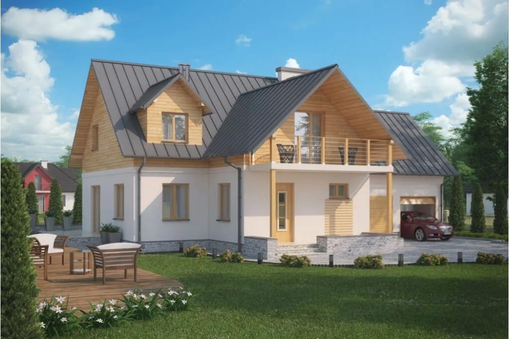Projekt domu Kartuzy tech. DM-6345 tech., parterowy z poddaszem mieszkalnym, bez podpiwniczenia, z garażem dwustanowiskowym - kolorystyka wersja 4
