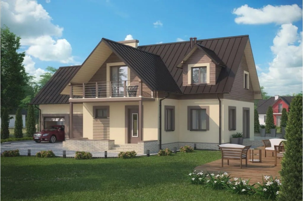 Projekt domu Kartuzy 2 tech. L-6345 tech., parterowy z poddaszem mieszkalnym, bez podpiwniczenia, z garażem dwustanowiskowym - kolorystyka wersja 3