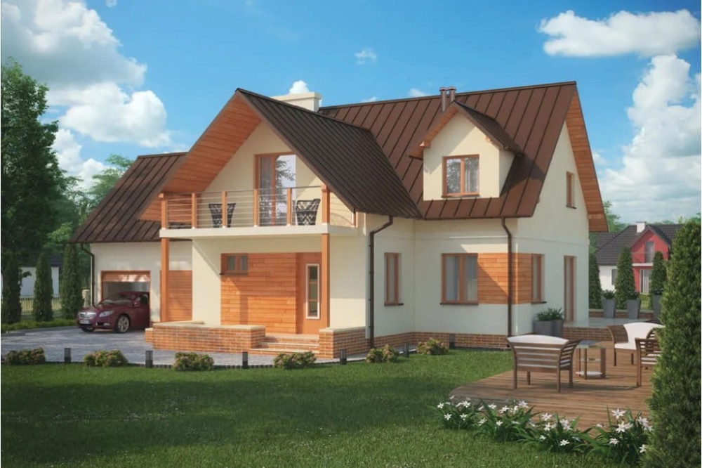 Projekt domu Kartuzy 2 tech. L-6345 tech., parterowy z poddaszem mieszkalnym, bez podpiwniczenia, z garażem dwustanowiskowym - kolorystyka wersja 2