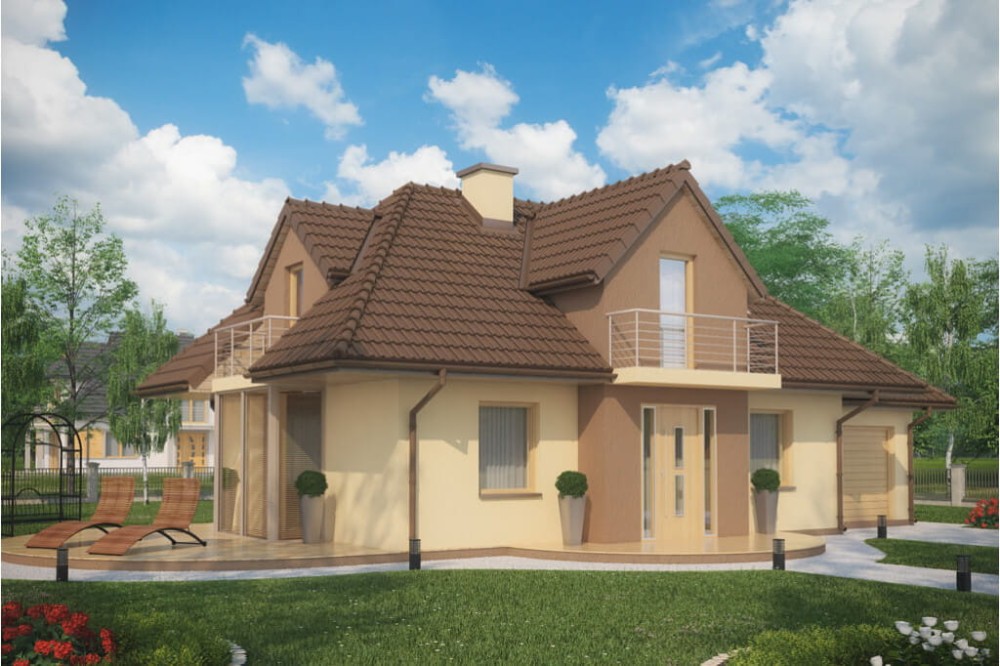Projekt domu Śnieżyn tech. DM-6346 tech., parterowy z garażem, z poddaszem mieszkalnym, bez podpiwniczenia - kolorystyka wersja 4