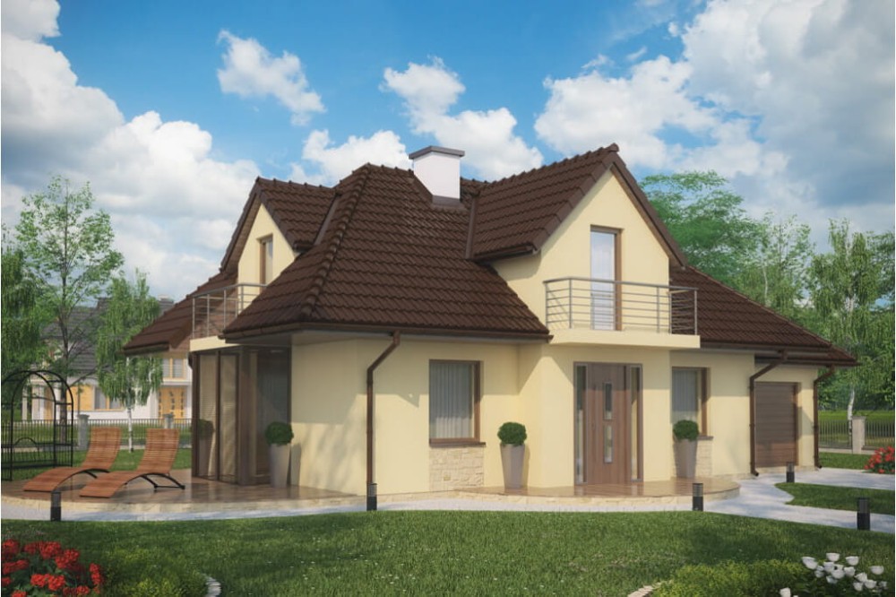 Projekt domu Śnieżyn tech. DM-6346 tech., parterowy z garażem, z poddaszem mieszkalnym, bez podpiwniczenia - kolorystyka wersja 2