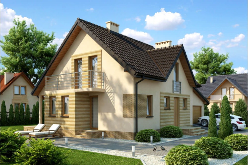 Projekt domu Gaj tech. DM-6347 tech., parterowy z poddaszem mieszkalnym, bez podpiwniczenia, z garażem - kolorystyka wersja 3