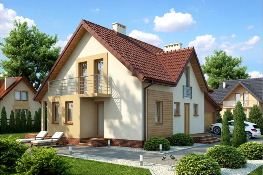Projekt domu Gaj tech. DM-6347 tech., parterowy z poddaszem mieszkalnym, bez podpiwniczenia, z garażem - kolorystyka wersja 2
