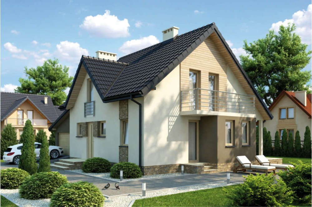 Projekt domu Gaj 2 tech. L-6347 tech., parterowy z poddaszem mieszkalnym, bez podpiwniczenia, z garażem - kolorystyka wersja 4