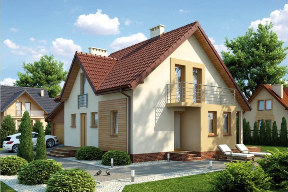 Projekt domu Gaj 2 tech. L-6347 tech., parterowy z poddaszem mieszkalnym, bez podpiwniczenia, z garażem - kolorystyka wersja 2