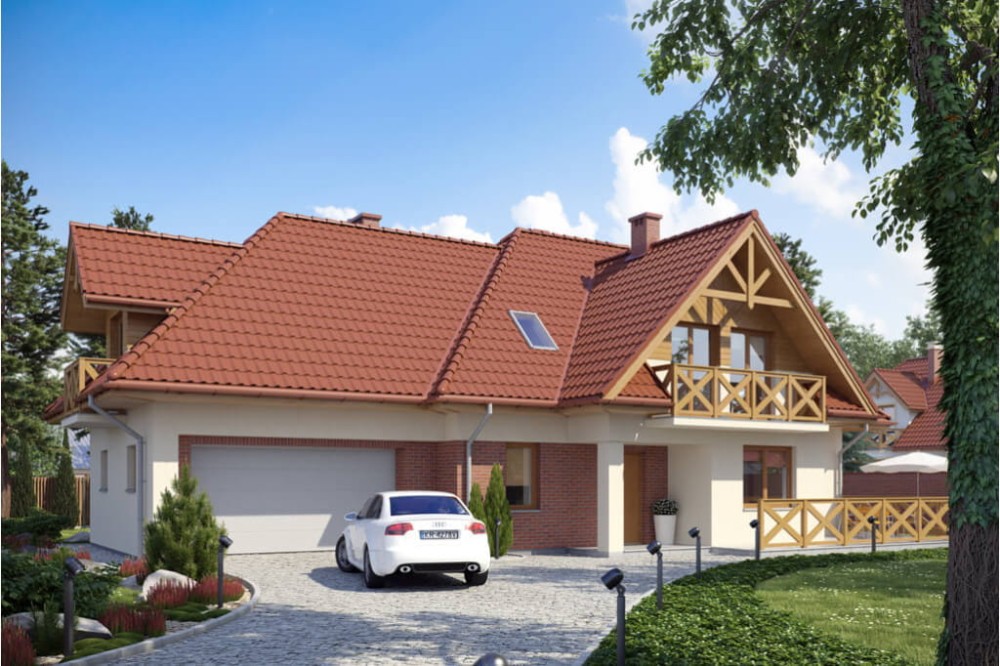 Projekt domu Czułów tech. DM-6350 tech., parterowy z poddaszem mieszkalnym, z garażem dwustanowiskowym, bez podpiwniczenia - kolorystyka wersja 4