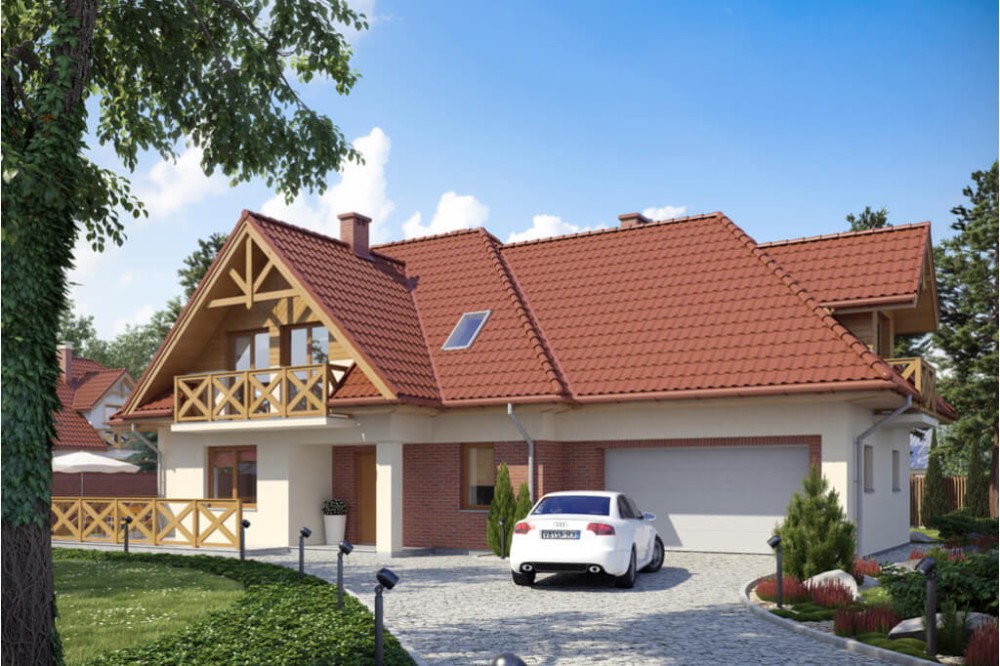 Projekt domu Czułów 2 tech. L-6350 tech., parterowy z poddaszem mieszkalnym, z garażem dwustanowiskowym, bez podpiwniczenia - kolorystyka wersja 4