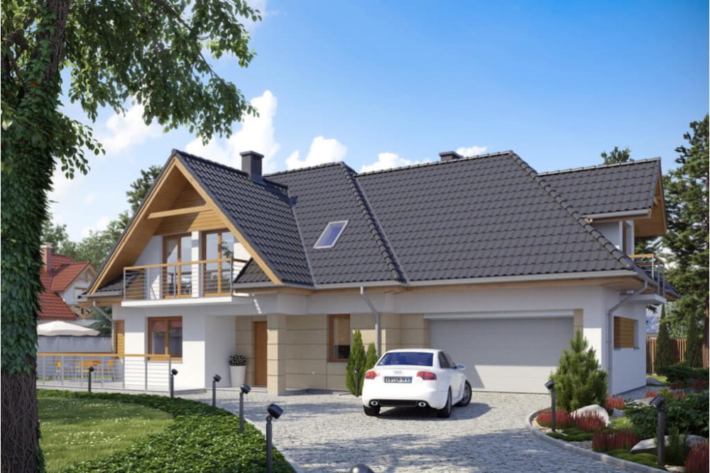 Projekt domu Czułów 2 tech. L-6350 tech., parterowy z poddaszem mieszkalnym, z garażem dwustanowiskowym, bez podpiwniczenia - kolorystyka wersja 3