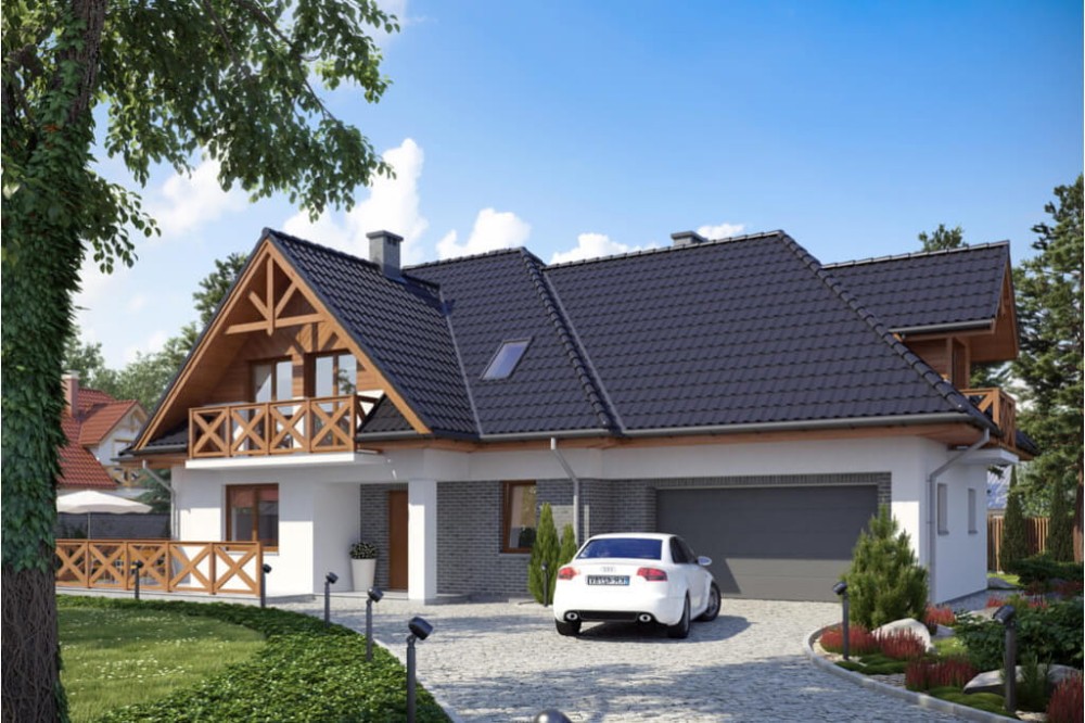 Projekt domu Czułów 2 tech. L-6350 tech., parterowy z poddaszem mieszkalnym, z garażem dwustanowiskowym, bez podpiwniczenia - kolorystyka wersja 2