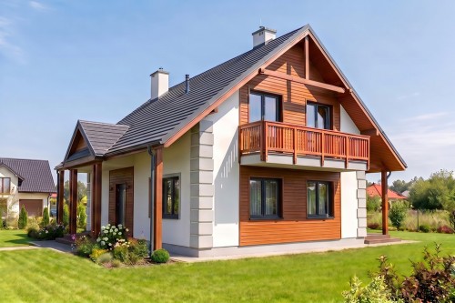 Projekt domu Żagwinów S 2 L-6602 S, parterowy z poddaszem użytkowym, bez podpiwniczenia, w technologii szkieletowej drewnianej - wizualizacja elewacji prawej