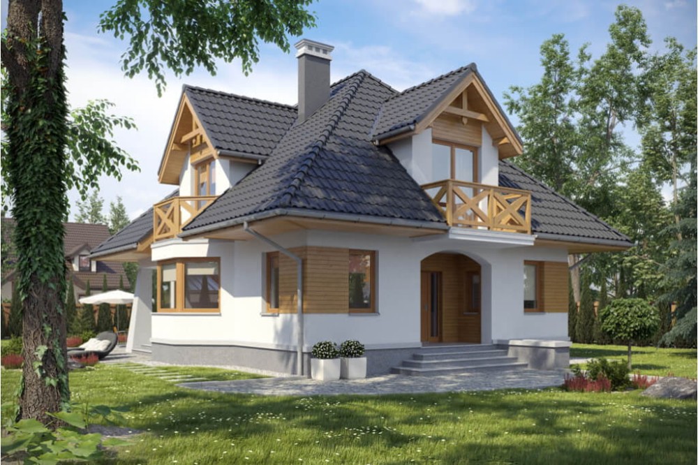 Projekt domu Konstancin tech. DM-6351 tech., parterowy z poddaszem mieszkalnym, częściowo podpiwniczony, bez garażu - kolorystyka wersja 4