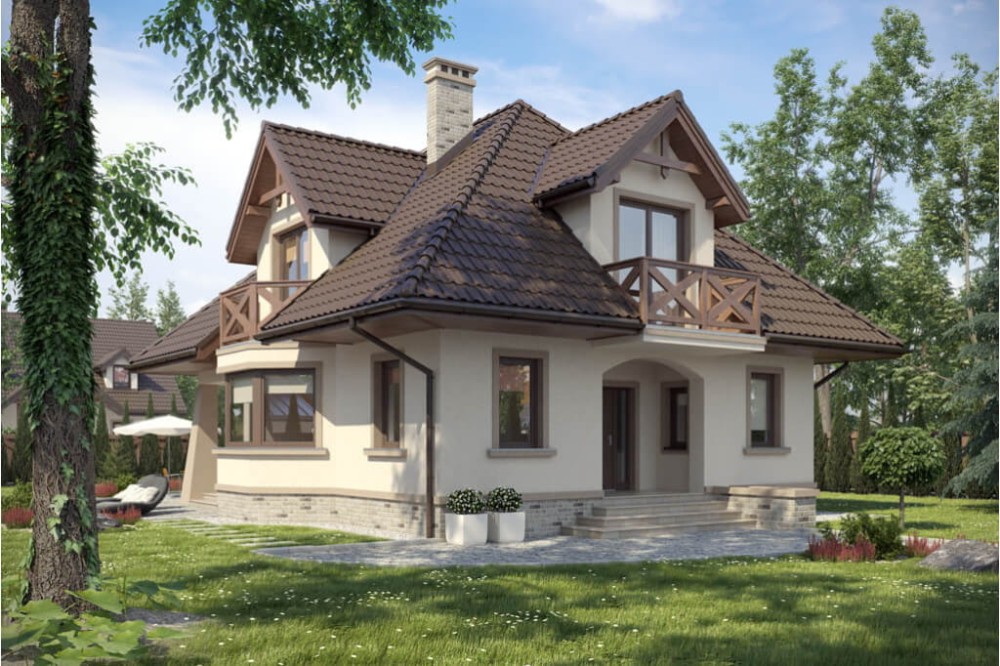 Projekt domu Konstancin tech. DM-6351 tech., parterowy z poddaszem mieszkalnym, częściowo podpiwniczony, bez garażu - kolorystyka wersja 3