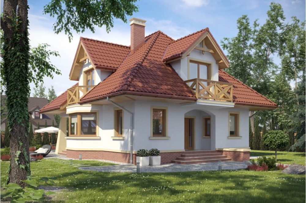 Projekt domu Konstancin tech. DM-6351 tech., parterowy z poddaszem mieszkalnym, częściowo podpiwniczony, bez garażu - kolorystyka wersja 2