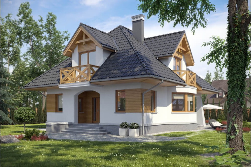 Projekt domu Konstancin 2 tech. L-6351 tech., parterowy z poddaszem mieszkalnym, częściowo podpiwniczony, bez garażu - kolorystyka wersja 4
