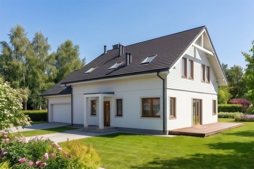 Projekt domu Gerberów S DM-6612 S, parterowy z poddaszem użytkowym, niepodpiwniczony, z garażem, w technologii szkieletowej drewnianej - wizualizacja elewacji frontowej