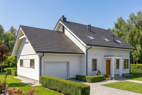 Projekt domu Gerberów S DM-6612 S, parterowy z poddaszem użytkowym, niepodpiwniczony, z garażem, w technologii szkieletowej drewnianej - wizualizacja elewacji lewej