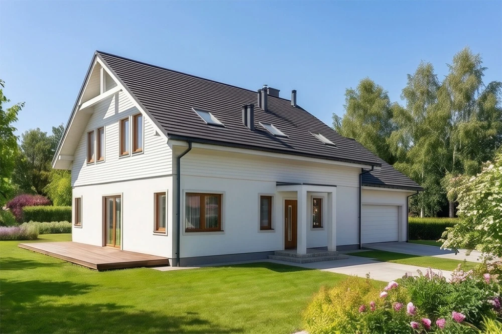 Projekt domu Gerberów S 2 L-6612 S, parterowy z poddaszem użytkowym, niepodpiwniczony, z garażem, w technologii szkieletowej drewnianej - wizualizacja elewacji frontowej
