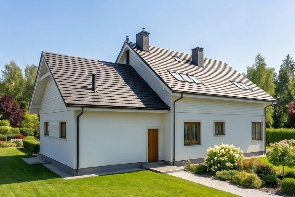 Projekt domu Gerberów S 2 L-6612 S, parterowy z poddaszem użytkowym, niepodpiwniczony, z garażem, w technologii szkieletowej drewnianej - wizualizacja elewacji ogrodowej