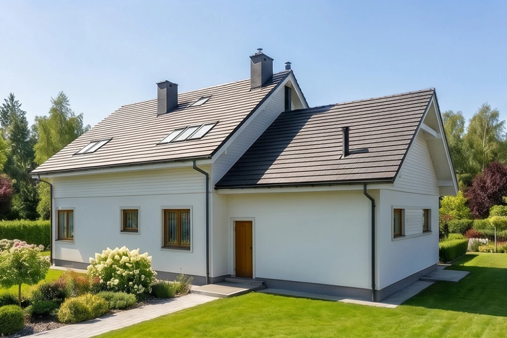 Projekt domu Gerberów S tech. DM-6612 S tech., parterowy z poddaszem użytkowym, niepodpiwniczony, z garażem, w technologii szkieletowej drewnianej  - wizualizacja elewacji ogrodowej